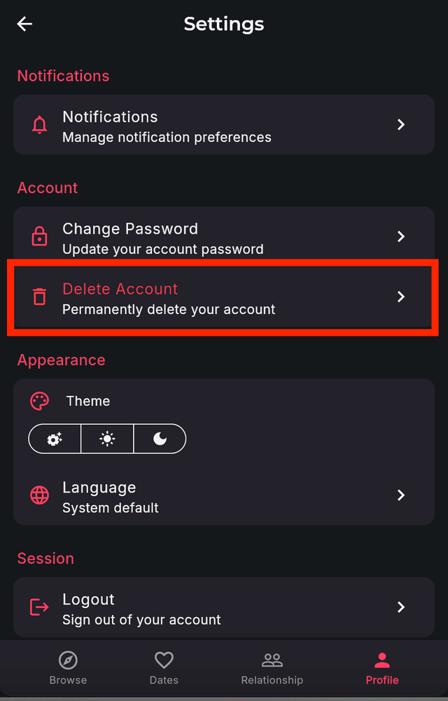 Bonded app settings showing the Delete Account option